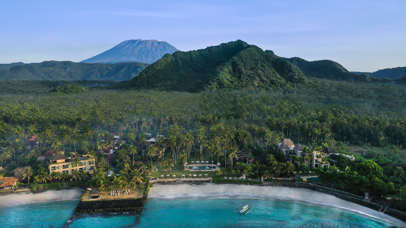 Aerial view of the East Bali coastline, home to the best family friendly hotels in East Bali