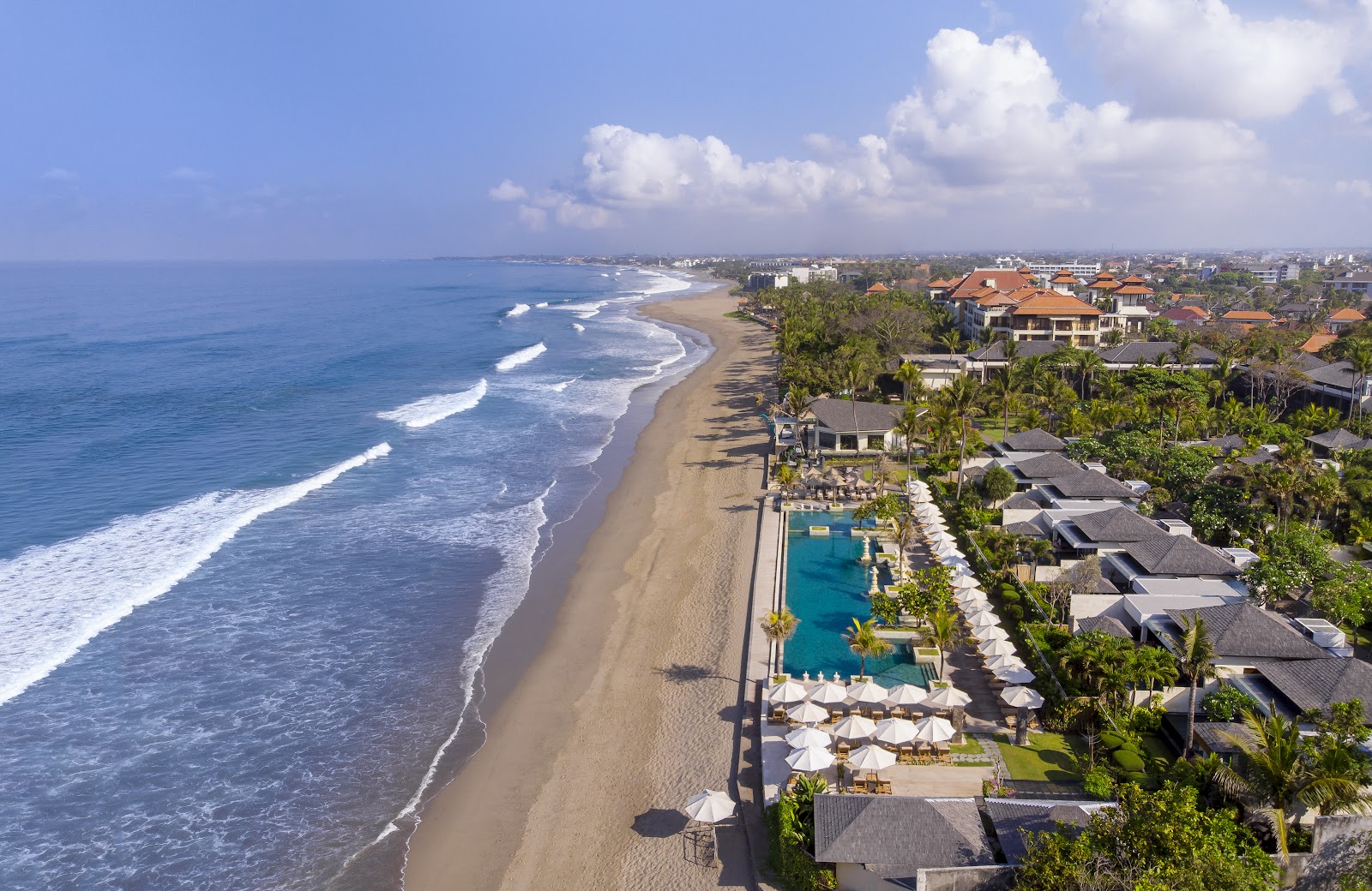 Aerial view of the Seminyak coastline, home to the best family friendly hotels in Seminyak