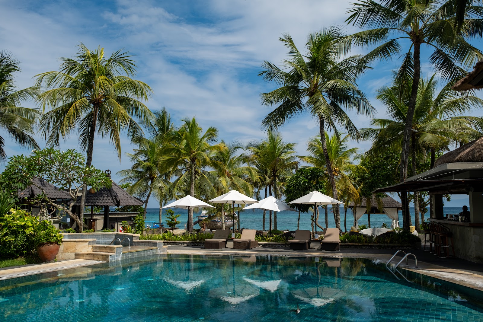 Beachfront pool lined with palm trees at Candi Beach Resort and Spa