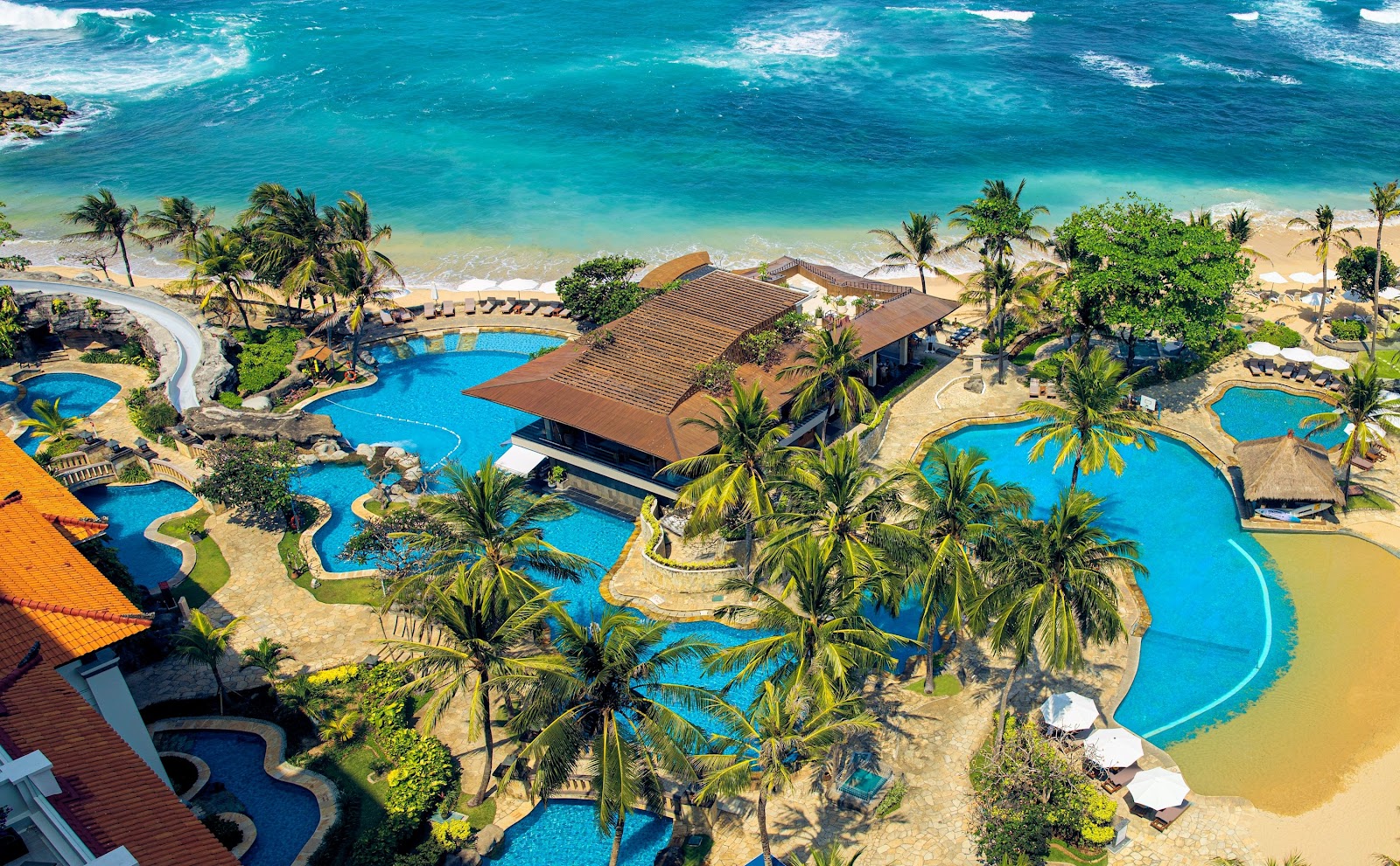 Aerial view of the lagoon pools at Hilton Bali Resort