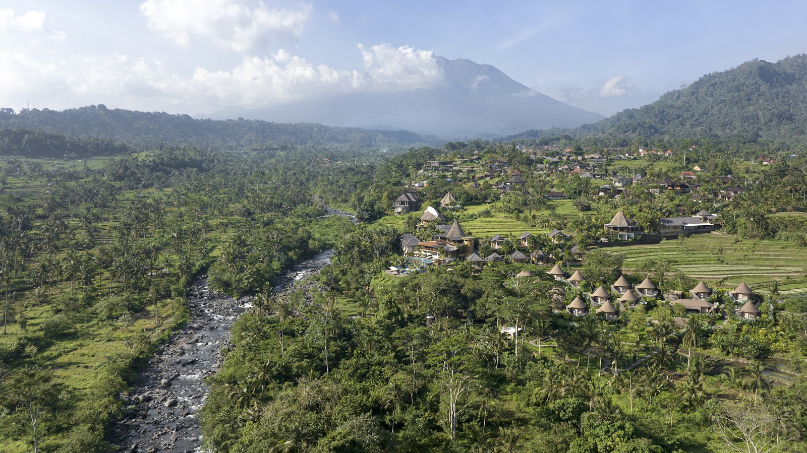 Green rice field valley in Sidemen, East Bali