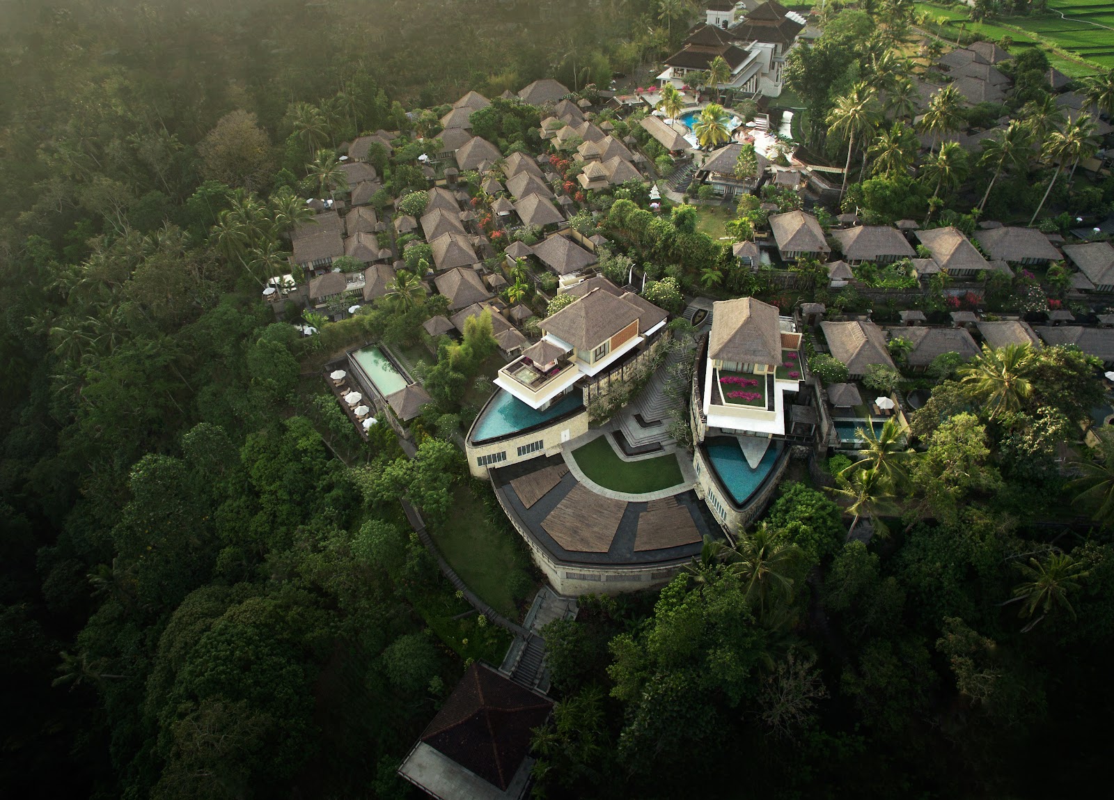 Aerial view of villas hidden in the Ubud jungle